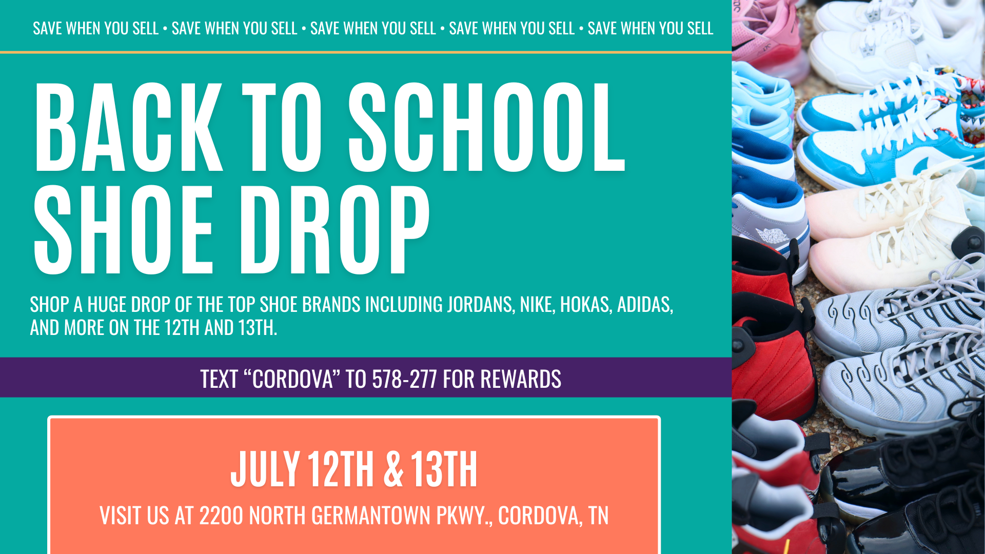 Display of name-brand sneakers at Plato’s Closet Cordova including Air Jordan, Nike, Converse, Vans, and Adidas, with signage promoting the Back to School Shoe Drop event on July 12–13 offering up to 70% off retail prices.